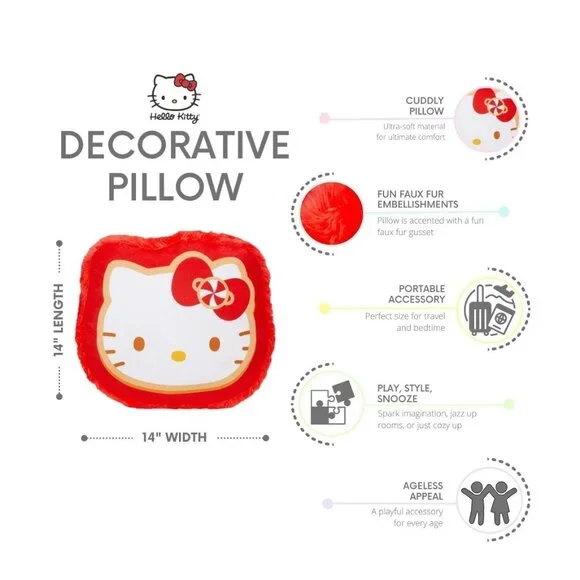 Set of 2 Sanrio Hello Kitty Red Faux Fur Decorative Pillows 14x14 Peppermint Bow - Picture 5 of 7
